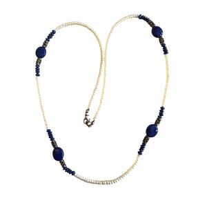 Beaded necklace carved Lapis Lazuli & Pearl beads delicate single strand
